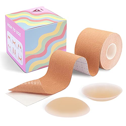 GAKI Store Boob Tape, Boobytape for Breast Lift l Sweat-Proof, Skin-Friendly with Safe Medical Material, Bob Tape for Large Breasts + 1 Pair Reusable & Washable Silicone Nipple Cover Nude (L)
