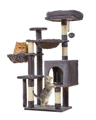 Taoqimiao Cat Tree, 39.4-Inch Cat Tower for Indoor Cats,Suitable for Kittens,Plush Cat Condo with 5 Scratching Posts, Plush Perch,2 Hammock,Pompoms, MS019G Smoky Gray