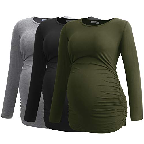 Smallshow Women's Maternity Shirts Long Sleeve Pregnancy Clothes Tops 3-Pack Medium Army Green-Black-Light Grey