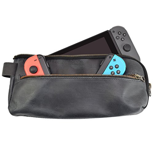 Hide & Drink, Carrying Case Compatible with Switch, Urban Travel Pouch, Soft Storage Bag, Scratch & Bump Protection, Minimalist Essentials, Full Grain Leather, Handmade, Charcoal Black