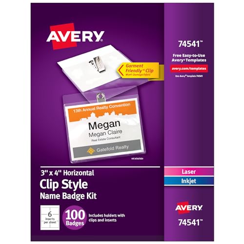 Avery Customizable Name Badges with Clips, 3' x 4', Clear Name Tag Holders with White Printable Inserts, 100 Clip Style Name Badges (74541)