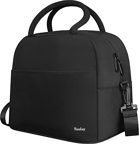 Naukay Large Lunch Bag Insulated Lunch Box for Women and Men, Light Durable Tote Bag with Adjustable Shoulder Strap for Office Work Picnic Hiking Beach Fishing-(Black)