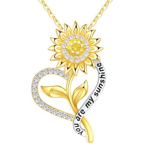Sunflower Necklace for Women Gifts for Wife 18K Gold Plated 925 Sterling Silver You Are My Sunshine Necklaces for Girls Heart Pendant Jewelry for Mom on Mother’s Day Valentine's Day Birthday Christmas Gift for Her
