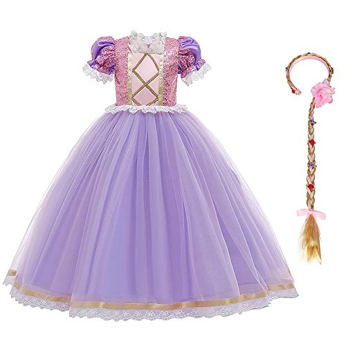 Rapunzel Princess Costume for Little Girls Fancy Birthday Party Fairy Tale Cosplay Dress up Halloween Role Play Tulle Dance Ball Gown Outfit with Long Braided Wigs Hair Headband Sequins Purple 12-13