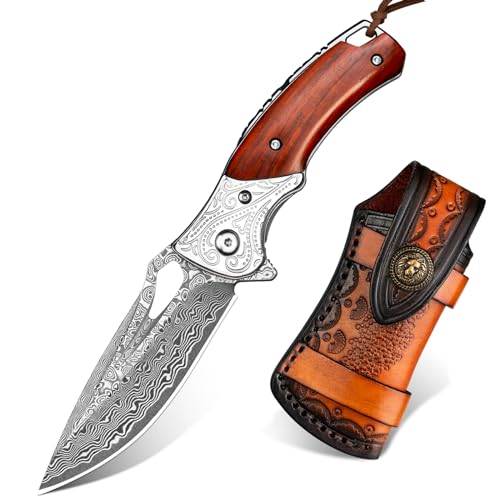 NedFoss Heron Damascus Pocket Knife for Men, Handmade Forged VG10 Damascus Steel Blade Folding Knife with Retro Leather Sheath, Wood Handle, Pocket Clip, Liner Lock, Excellent Gifts for Men