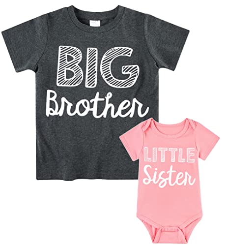 Funnycokid Big Brother Little Sister Matching Outfits Newborn Baby Girl Clothes Boys T-Shirt Set Charcoal Black/Mauve Kid (5T)/Baby (0-3M)