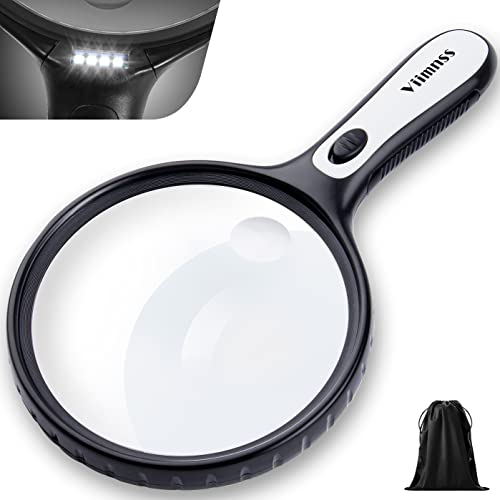 Magnifying Glass with Light, Large Magnifier 5X 15X Handheld Illuminated Lighted Magnifier with 4 LED Lights Storage Bag Clean Cloth for Seniors Reading, Inspection, Exploring (White)