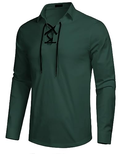 COOFANDY Mens Scottish Jacobite Ghillie Kilt Shirts Medieval Renaissance Pirate Costume Long Sleeve Lace Up Henley Shirt Deep Green