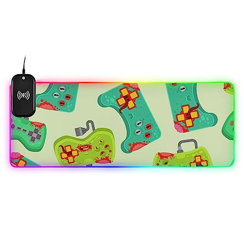 VKPSCHJ Wireless Charging Mouse Pad Zombie Gamepad Pattern RGB Gaming Mouse Mat 15W Fast Charging, Extra Large Computer Keyboard Mat with Non-Slip Rubber Base for Mobile Phone,PC, Laptop, Desk