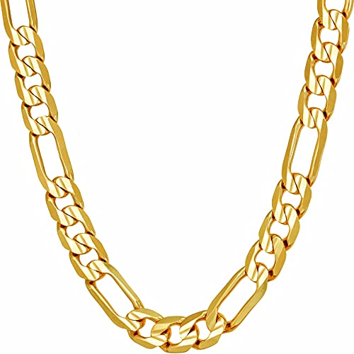 LIFETIME JEWELRY 7mm Figaro Chain Necklace Diamond Cut 24k Real Gold Plated (Gold, 24 inches)