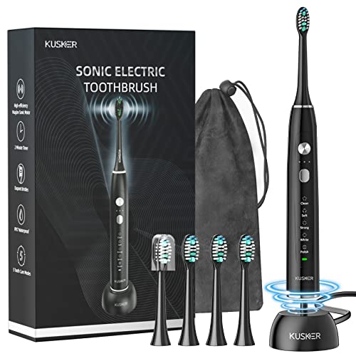 KUSKER Sonic Electric Toothbrush with Charging Stander, Rechargeable Ultrasonic Power Toothbrush with 5 Modes, Smart Electronic Toothbrush with 4 Brush Heads IPX7 Waterproof Timing