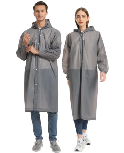 Opret 2 Pack Portable EVA Raincoats for Adults, Reusable Rain Ponchos with Hoods and Sleeves Lightweight Raincoats, Perfect for Outdoor Activities, Grey