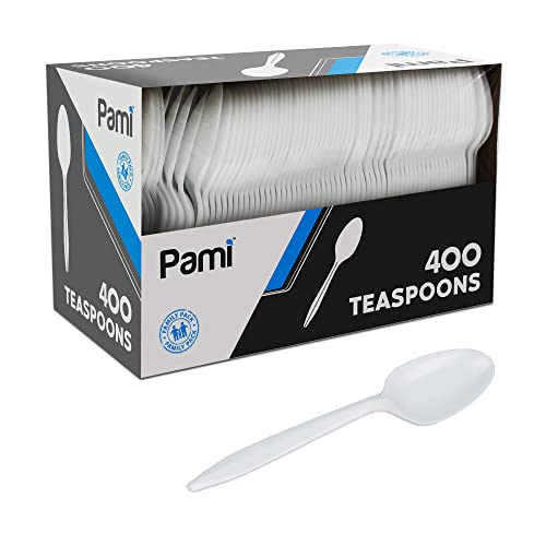 PAMI Medium-Weight Disposable Plastic Teaspoons [400-Pack] - Bulk White Plastic Silverware For Parties, Weddings, Catering Food Stands, Takeaway Orders & More- Sturdy Single-Use Partyware Spoons