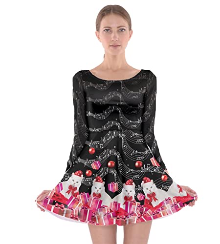 CowCow Womens Music Cute Kitty Cat Xmas Gift Long Sleeve Skater Dress - M