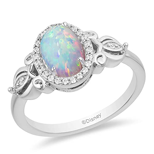Jewelili Enchanted Disney Fine Jewelry Sterling Silver 8X6 MM Created Opal and 1/10 Cttw Natural White Round Diamond Cinderella Ring, Size 9