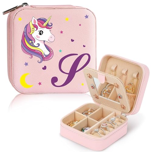 Parima Personalized Gifts for Girls - Unicorns Gifts for Girls Jewelry Box | Birthday Gifts for Girls | Flower Girl Gift for Teen Girl Gifts Trendy Stuff | Mini Jewelry Case - Letter S, Pink