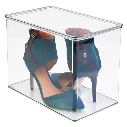 mDesign Stackable Plastic Closet Storage Container Shoebox with Hinge Lid - Individual Transparent Storage Organizer Containers for Shoes - Ligne Collection, Clear
