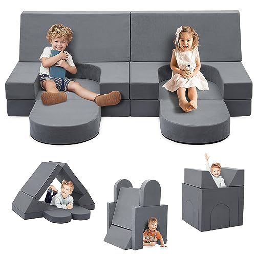 Callales Kids Play Couch 7PCS, Large Convertible Kids Modular Couch with Ottomans, Play Couch Sofa for Toddlers, Kids, Teen, Foam Kids Couch for Playroom, Bedroom, Grey