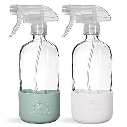 SAVVY PLANET Empty Clear Glass Spray Bottles with Silicone Sleeve Protection - Refillable 16 oz Containers for Cleaning Solutions, Essential Oils - Quality Sprayer - 2 Pack