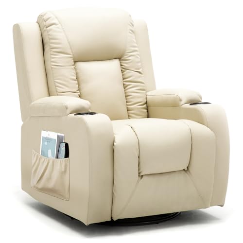 COMHOMA Recliner Chair Massage Rocker with Heated Modern PU Leather Ergonomic Lounge 360 Degree Swivel Single Sofa Seat with Drink Holders Living Room Chair Cream