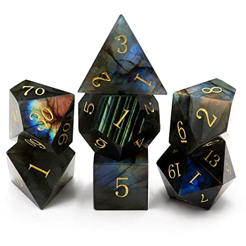 Haxtec Moonstone Dice Labradorite Gemstone Polyhedral DND Dice Set with Premium Dice Case for D&D Dungeons and Dragons Role Playing Board Games Gift