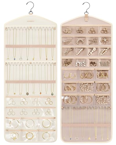 BAGSMART Hanging Jewelry Organizer with Hanger Metal Hooks Double-Sided Jewelry Holder for Organizing Earrings Necklaces Rings Perfect for in Hanging Closet, Wall, Door, 1 Piece, Large, Beige