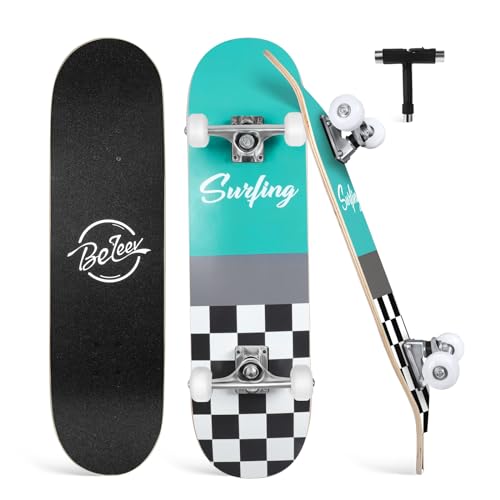 BELEEV Skateboards for Beginners, 31 x 8 inch Complete Skateboard for Kids Teens Adults, 7 Layer Canadian Maple Double Kick Deck Concave Cruiser Trick Skateboard with All-in-One Skate T-Tool(Surfing)