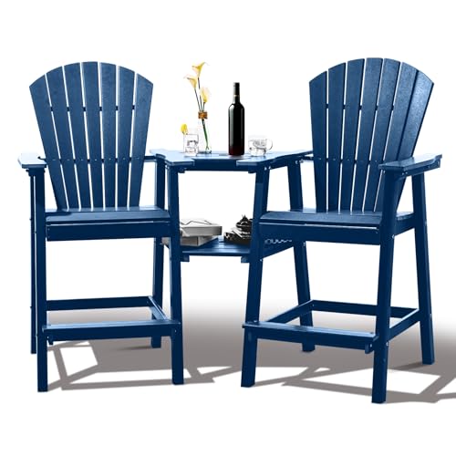 FOOWIN Tall Adirondack Chairs Set of 2，Recycled Poly Balcony Chair with Double Connecting Tray Patio Stools Weather Resistant for Outdoor Deck Lawn Pool Backyard (Double Connecting Tray, Navy Blue)