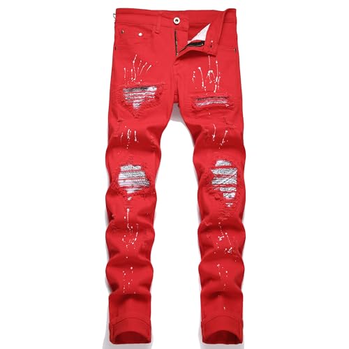 OIIIO Men's Patch Ripped Stretch Regular Slim Fit Jean (28, 6643 Red)