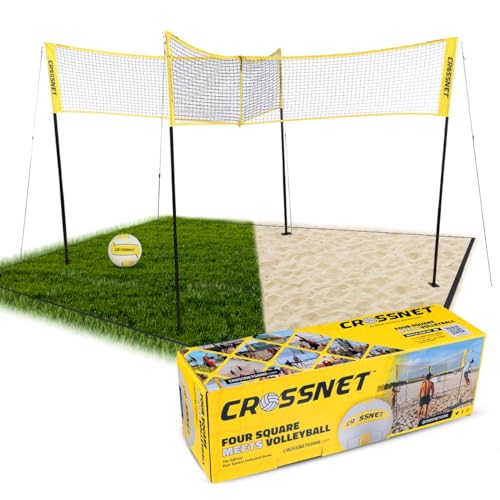 CROSSNET 4-Way Volleyball Net with Carrying Backpack & Ball - 4 Square Volleyball Game Set for Adults and Kids - Quick Assemble Outdoor Game - Backyard Yard Games