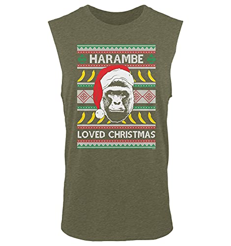 Harambe Loved Christmas - RIP Gorilla Meme Men's Sleeveless Shirt (Military Green, Large)