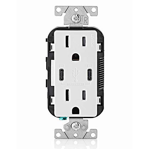 Leviton T5635-W 30W (6A) USB Dual Type-C/C Power Delivery In-Wall Charger with 15A Tamper-Resistant Outlet, USB Charger for Smartphones, Tablets, Laptops, White