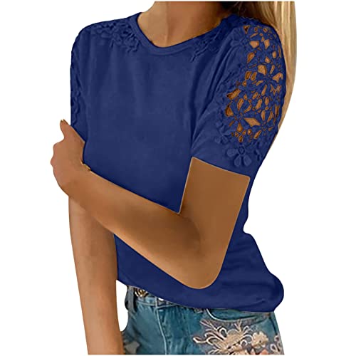 ZunFeo Summer Tops for Women Crewneck Floral Print Short Sleeve Shirts Lace Hollow Out Dressy Blouse Soft Tunic Shirts Soft