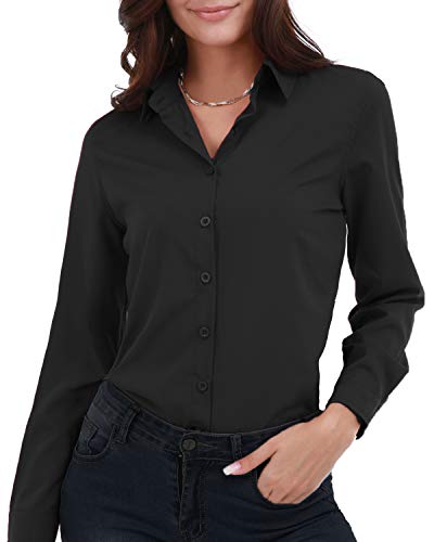 Gemolly Women's Basic Button Down Shirts Long Sleeve Plus Size Simple Cotton Stretch Formal Casual Shirt Blouse Black M
