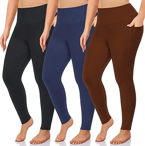NEW YOUNG 3 Pack Plus Size Leggings with Pockets for Women,High Waist Tummy Control Workout Yoga Pants (X-Large, Black/Coffe/Navy)