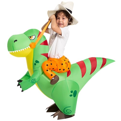 Spooktacular Creations Inflatable Costume for Kids, Riding a Green Dinosaur Costume, Blow-up Dinosaur Halloween Ride On Costume with Hat - Child (4-6 Yrs)