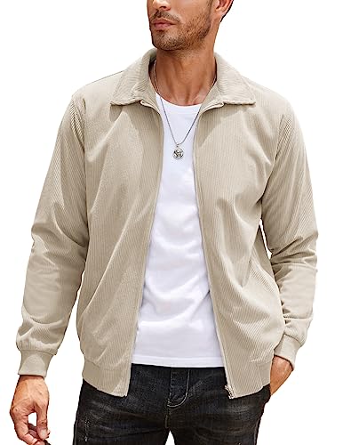 COOFANDY Men's Casual Corduroy Lightweight Jacket Cream Collared Bomber Jacket