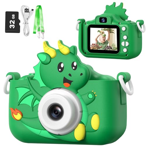 Goopow Dinosaur Kids Selfie Camera Toys for Boys Age 3-9,Children Digital Video Camera with Soft Silicone Cover,Christmas Birthday Festival Gifts for 3-9 Year Old Boys Kids- 32GB SD Card Included