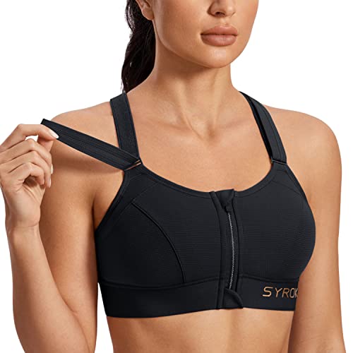SYROKAN Womens' Sports Bra High Impact Support Zip Front Adjustable Large Bust Racerback Wirefree Padded Black 38DD