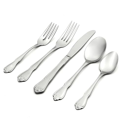 Oneida True Rose 45 Piece Everyday Flatware, Service for 8, 18/0 Stainless Steel, Silverware Set, Silver