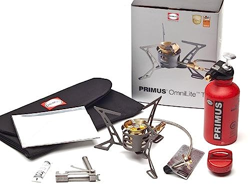 Primus P-321987 OmniLite Ti Camp Stove with 0.35-Liter Fuel Bottle, Heat Reflector and Windscreen, Grey