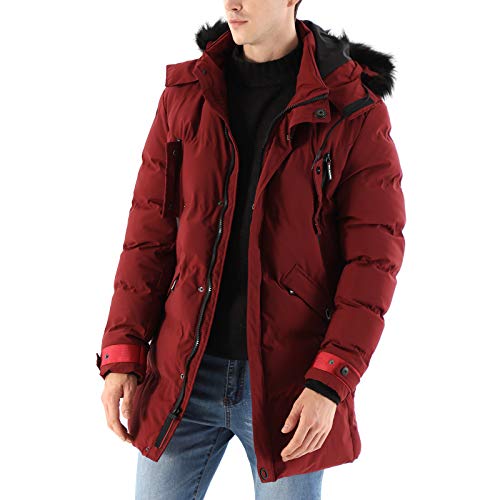 WEEN CHARM Men's Warm Parka Jacket Anorak Jacket Winter Coat with Detachable Hood Faux-Fur Trim (Wine Red-8823, S)