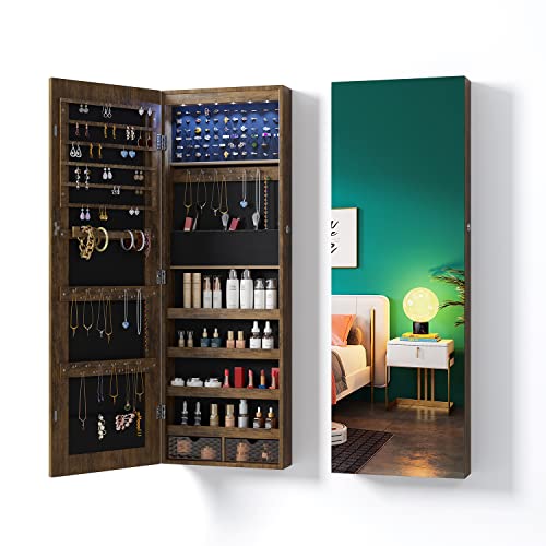 Lvifur 6 LEDS Jewelry Armoire Cabinet 42.5‘’H, Wall/Door Mounted Jewelry Cabinet with Full Length Mirror, Lockable Borderless Jewelry Organizer, Larger Capacity Jewelry Box (Brown)