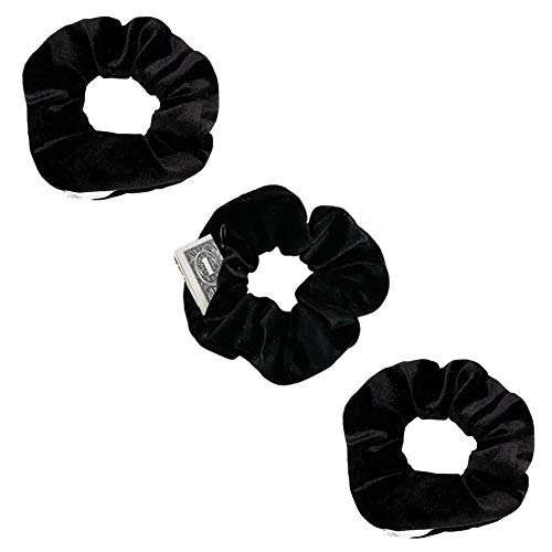 BSEKT Zipper Scrunchies, Pocket Scrunchie, SECRET & HIDDEN, Velvet Hair Ties Bracelet, Compatible with Apple AirPods 2 & 1, Key Money Chapstick Storage Bag, Elastics Hair Band (Black 3PCS)