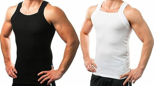AC BASICS 4 Packs Men's G-Unit Style Cotton Tank Tops Square Cut Muscle Rib A-Shirts (as1, Alpha, x_l, Regular, Regular) Black and White