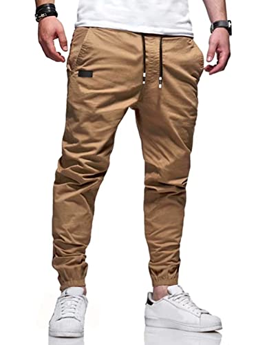 Men's Outdoor Jogging Casual Pants Slim Joggers Workout Pants for Running Sweatpants Hiking Khaki L