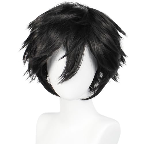 Anogol Wig Cap+Black Wigs with Bangs Short Black Cosplay Wig for Anime, Short Wig for Men Short Black Wig for Halloween Boy Christmas Event Costume Party
