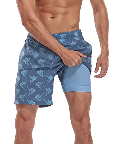 LRD Men's Swim Trunks with Compression Liner 7 Inch Inseam Quick Dry Swim Shorts Sailfish/Blue - L