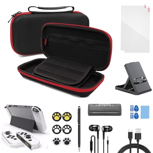 Accessories Kit for Nintendo Switch OLED Carrying case and Screen Protector，Comfort Grip Cover，USB charger cable, Headphones,Game holder for NIntendo Switch OLed（20 in 1）