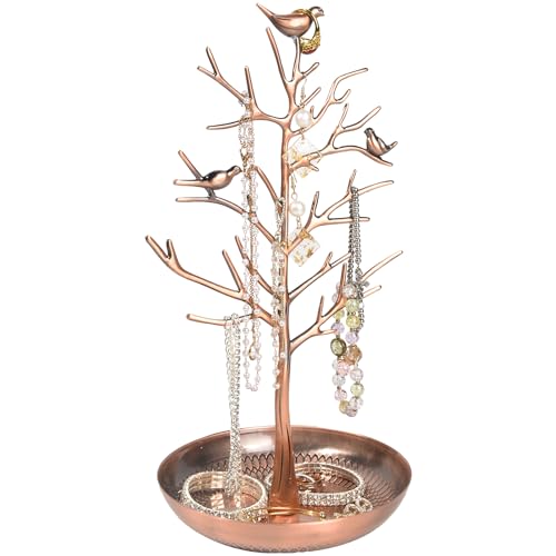 ChezMax Jewelry Display Necklace Earring Organizer Holder Metal Birds Tree Stand with Tray Antique Bracelet Rings Rack Tower Decoration for Women Girl Bronze 11.8 Inch